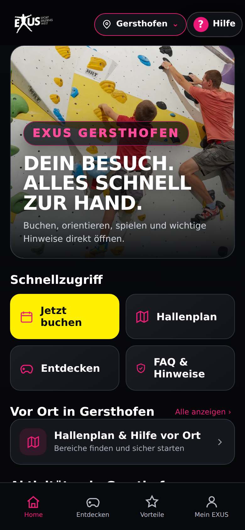 Echte App-Ansicht: EXUS Startseite mit Erlebnissen und Schnellzugriffen