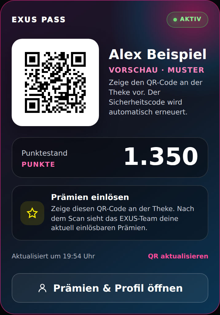 EXUS Pass mit QR-Code und Beispiel-Punktestand von 1.350 Punkten für Alex Beispiel