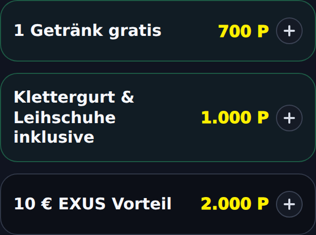 Drei Prämien aus dem aktuellen Katalog: ein Getränk für 700 Punkte, Klettergurt und Leihschuhe für 1.000 Punkte und 10 Euro EXUS Vorteil für 2.000 Punkte